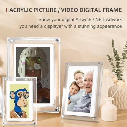 Acrylic picture/video CaptiPix Digital Photo Frame various images on a table with a decorative background.