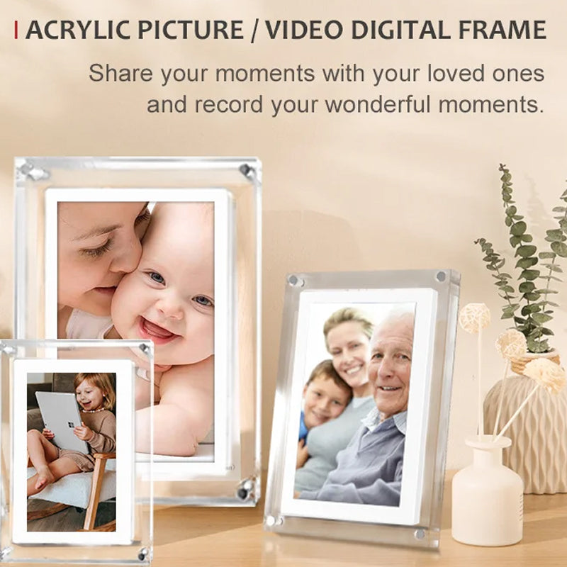 Acrylic picture/video CaptiPix Digital Photo Frame displaying family photos on a table with decorative items.