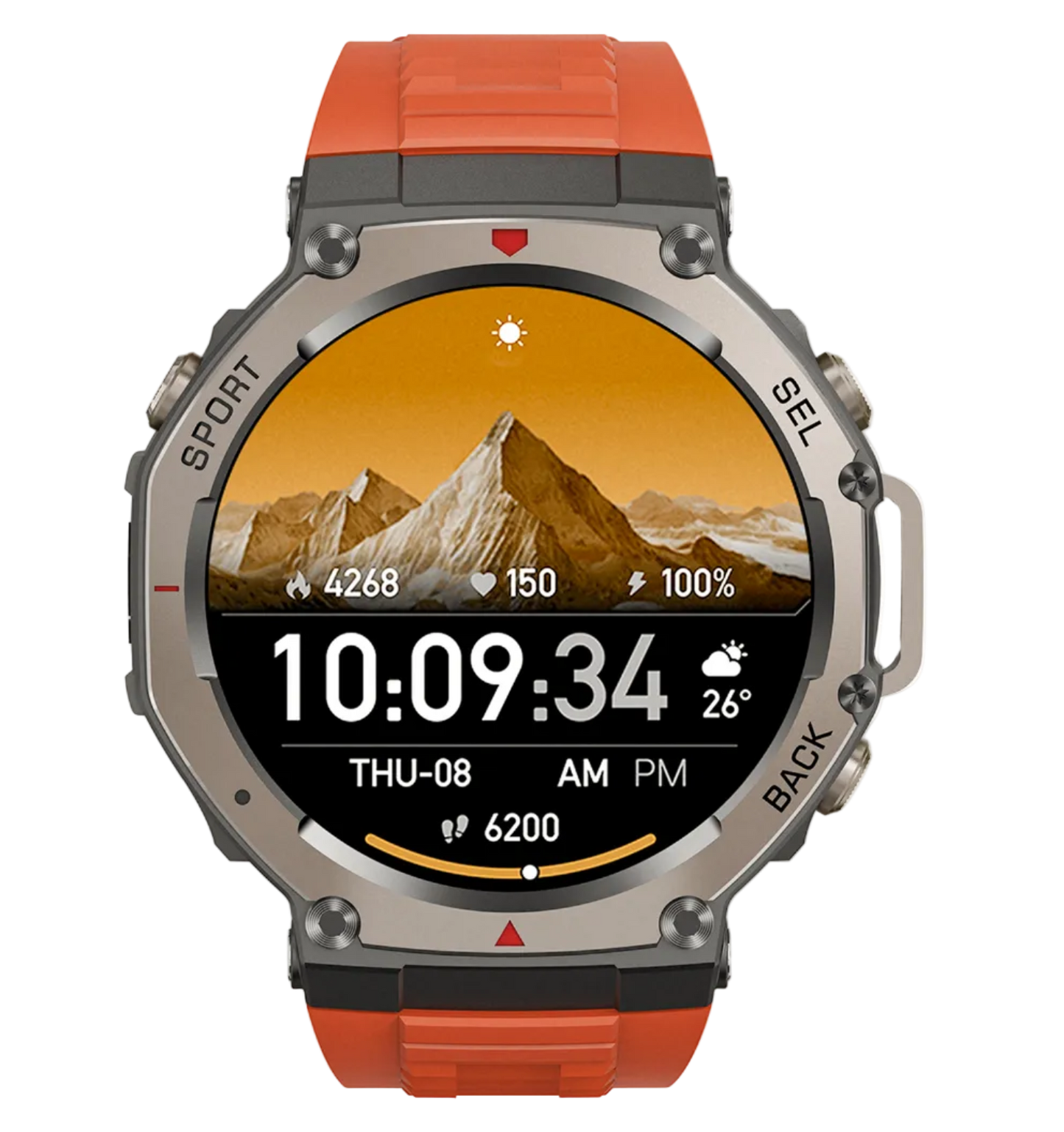 Cavinoo GPS Smartwatch with orange band and mountain display on a white background