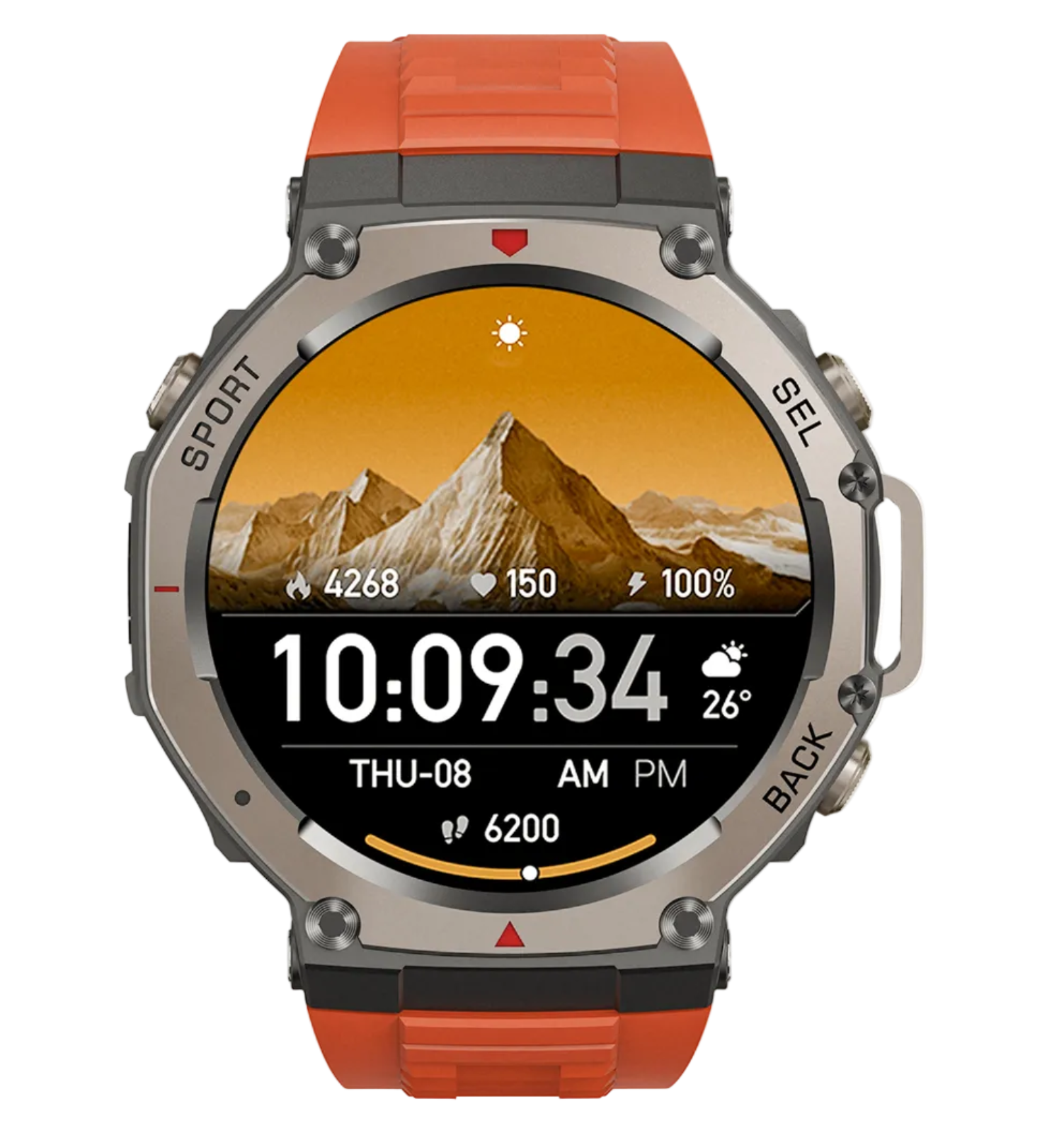 Cavinoo GPS Smartwatch with orange band and mountain display on a white background