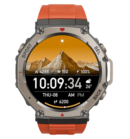 Cavinoo GPS Smartwatch with orange band and mountain display on a white background