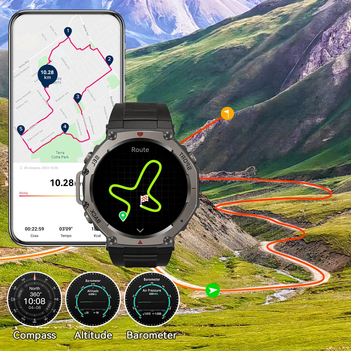 Cavinoo GPS Smartwatch with navigation app on a mountainous landscape