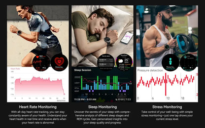 Collage of a Cavinoo GPS Smartwatch being used for heart rate, sleep, and stress monitoring with corresponding graphs and scenes.