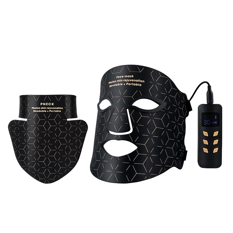 Black Cavinoo LED face mask with control device on a white background