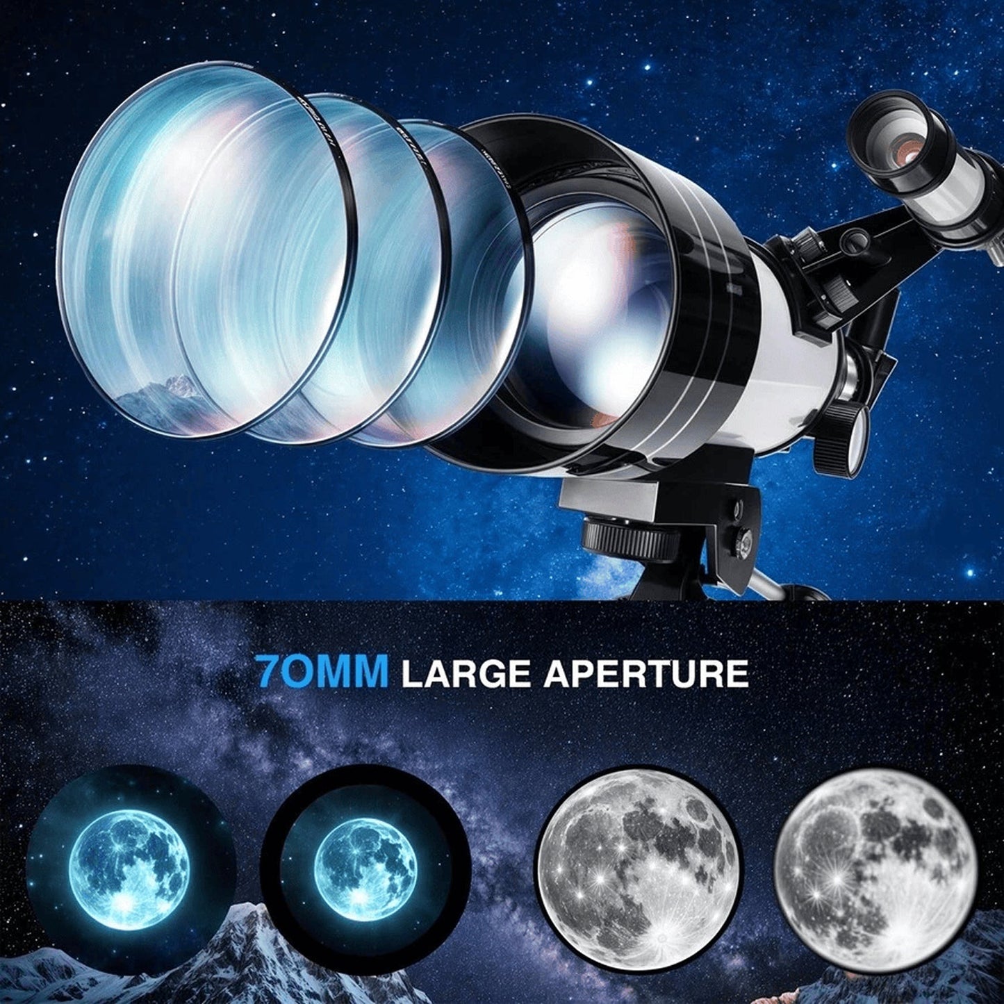 CelesNout Telescope with 70mm large aperture and images of the moon on a space-themed background