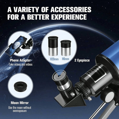 CelesNout Telescope with accessories on a space-themed background