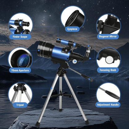 CelesNout Telescope with labeled parts on a dark sky background