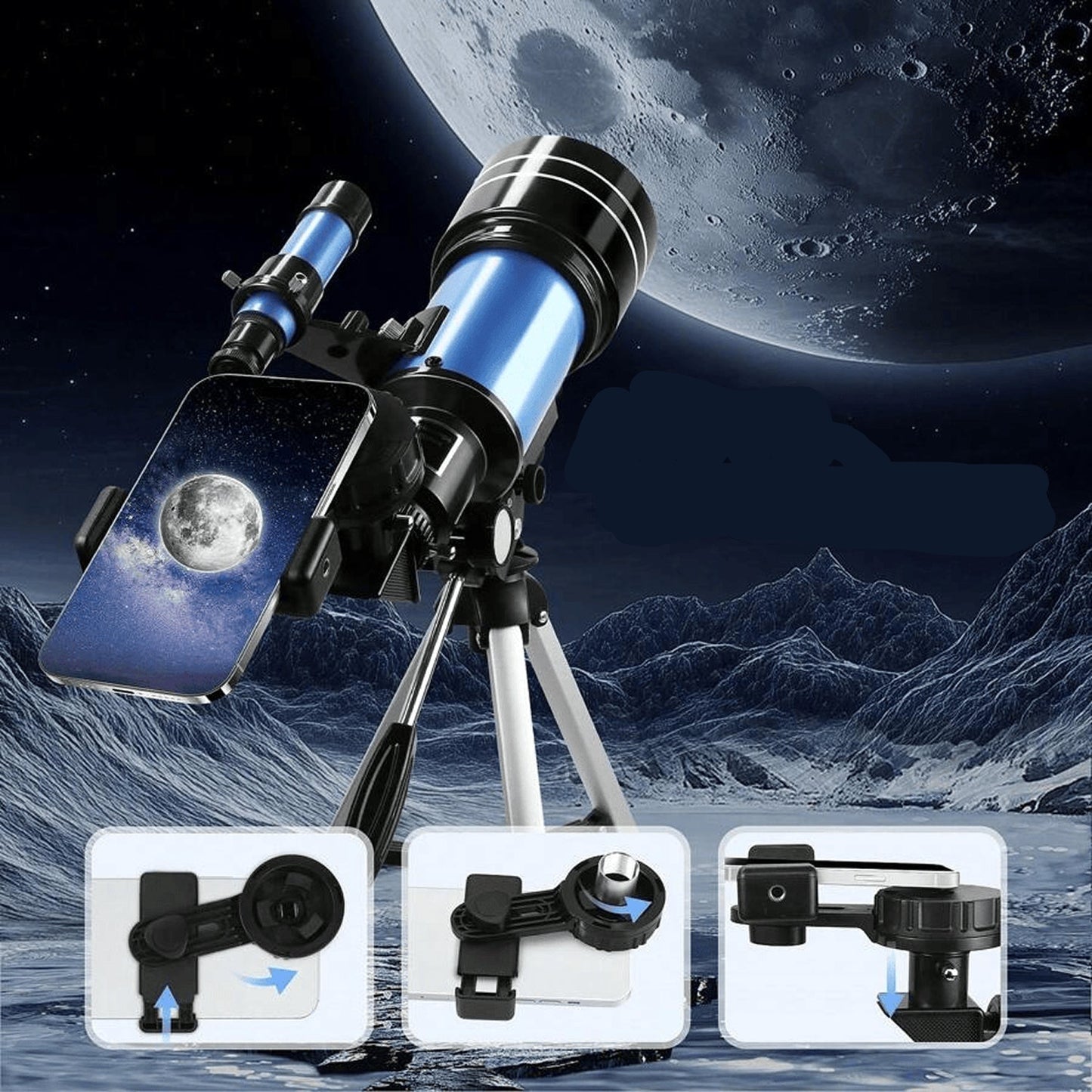 CelesNout Telescope with phone adapter on a space-themed background