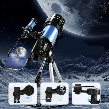 CelesNout Telescope with phone adapter on a space-themed background