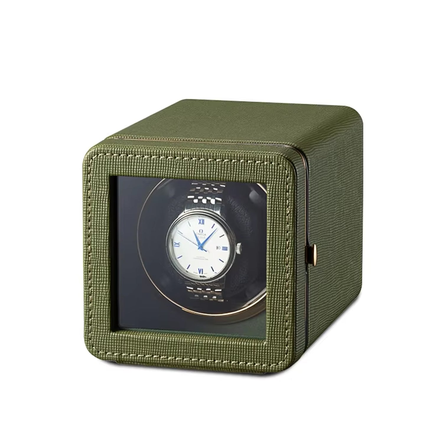 Green ChroniNova Watch Winder with a visible watch on a white background