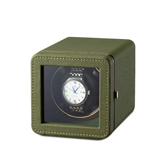 Green ChroniNova Watch Winder with a visible watch on a white background