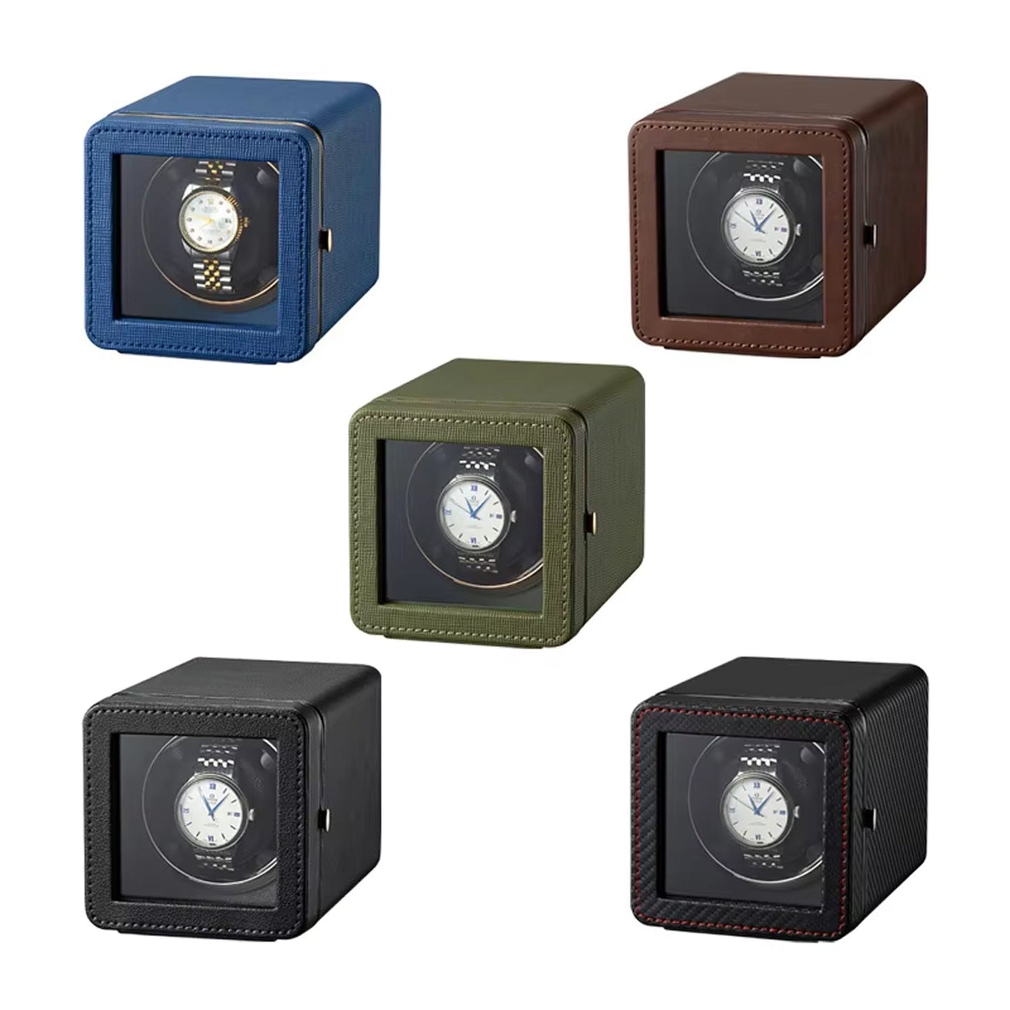 Five ChroniNova Watch Winder in different colors on a white background