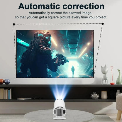 Cinemaster Pro 4k Smart Projector displaying a futuristic scene with text about automatic correction, in a living room setting.