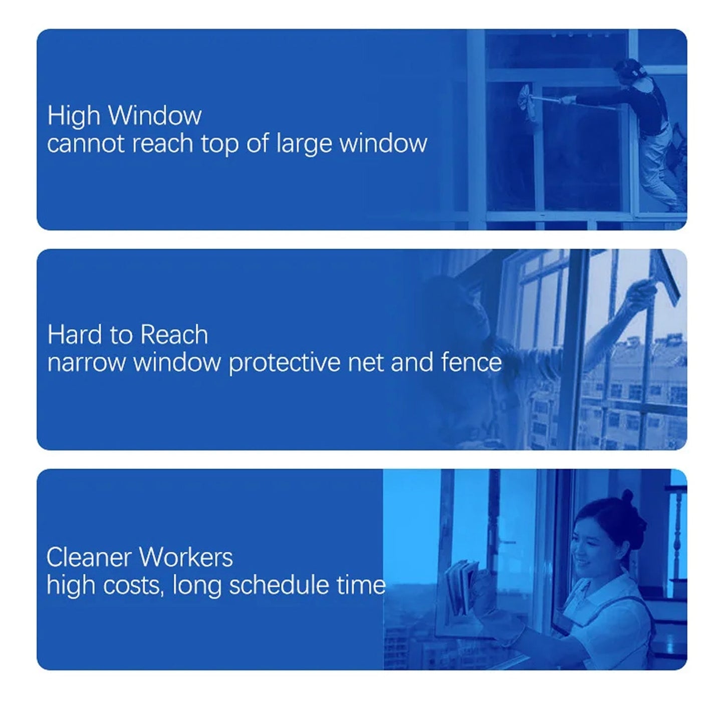 Three blue bars with text about window cleaning challenges and solutions.
