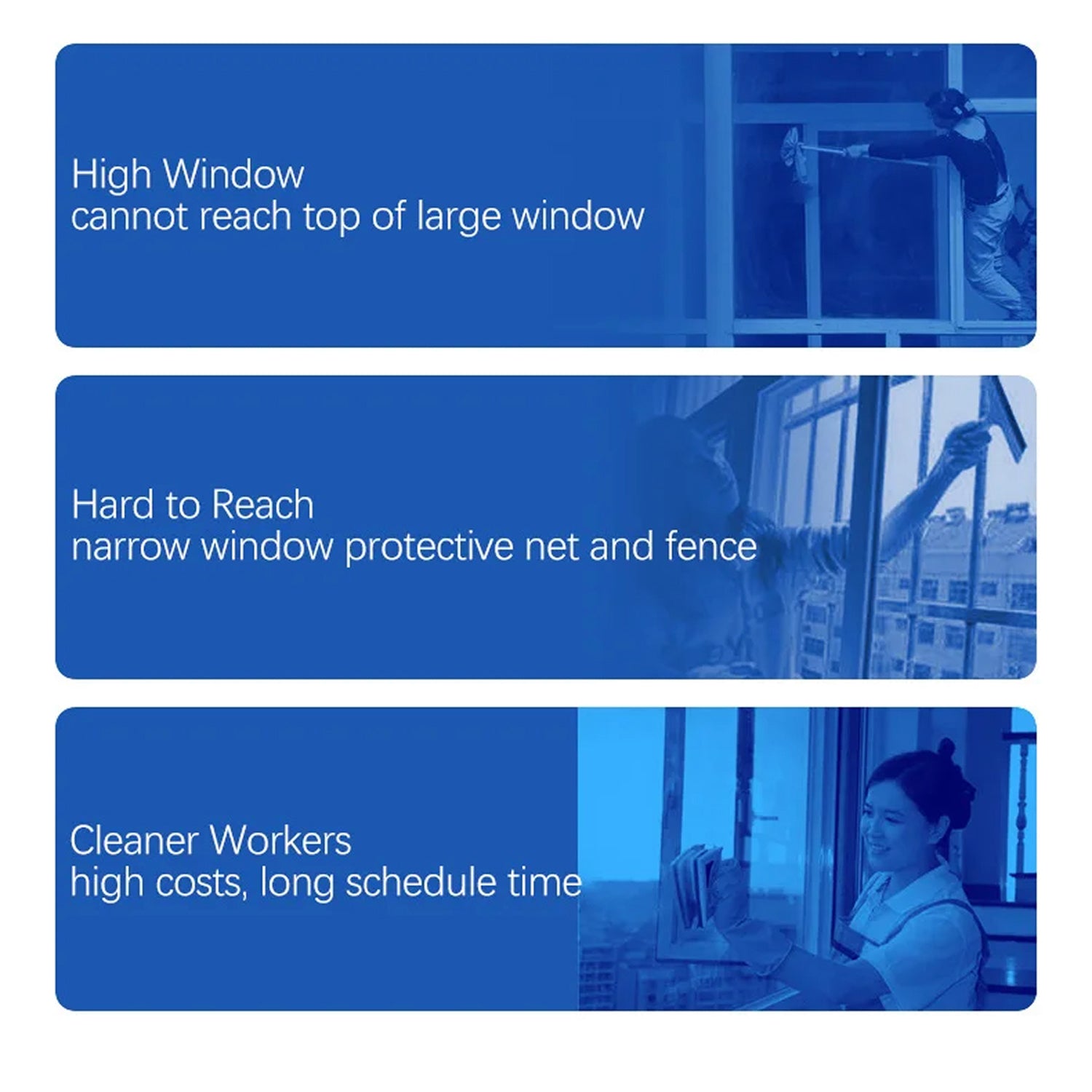 Three blue bars with text about window cleaning challenges and solutions.