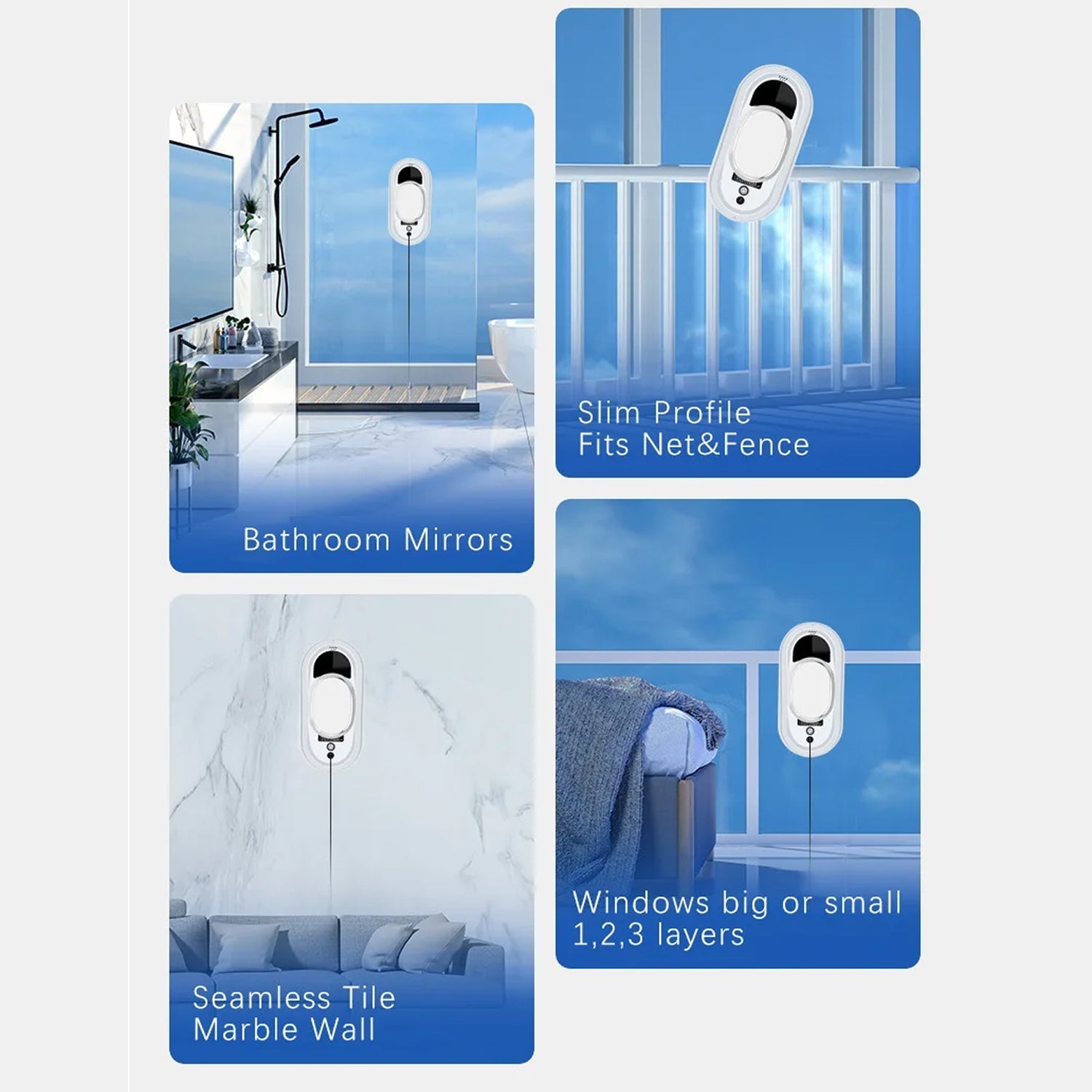 ClasEvist Window Cleaning Robot packaging with images of bathroom mirrors and text describing features.