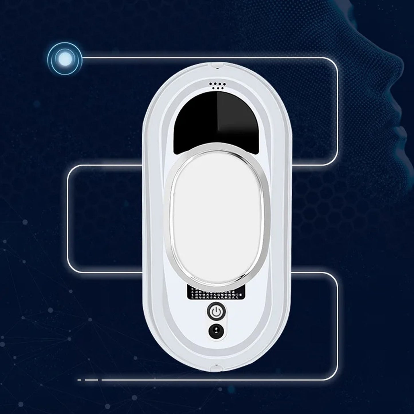 White ClasEvist Window Cleaning Robot with a dark screen on a blue background