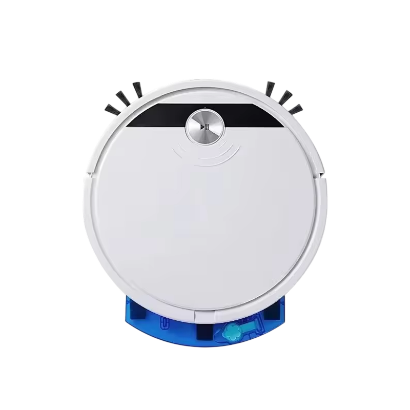 Round ClinieBot Robot Vacuum with blue base on a white background