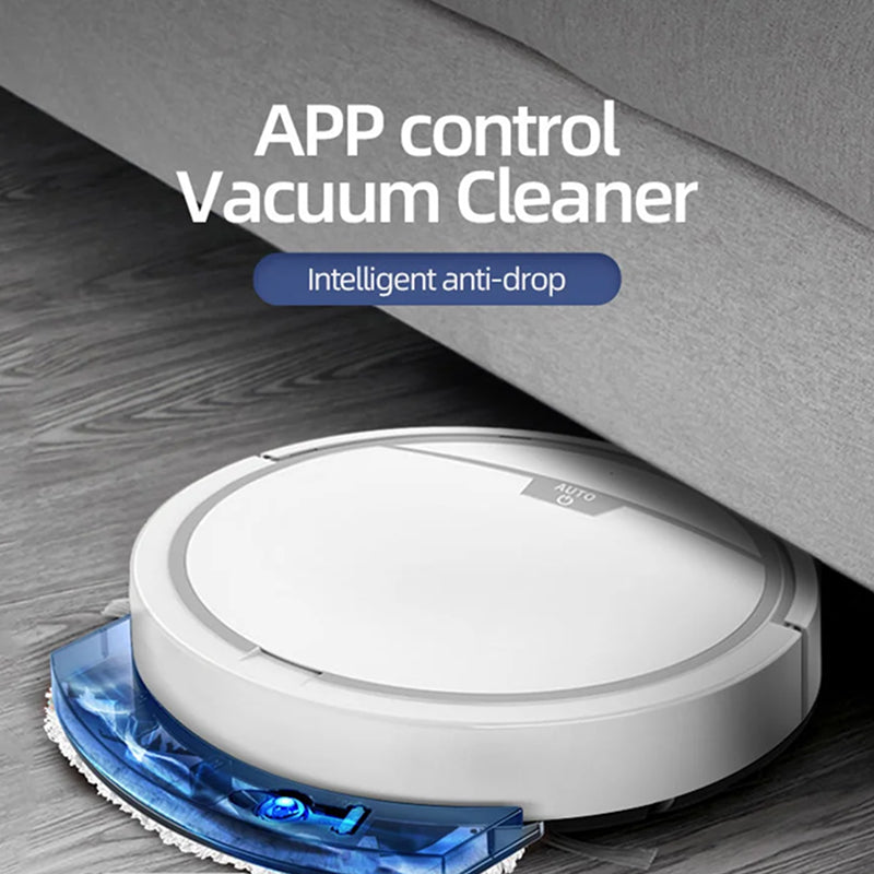 ClinieBot Robot Vacuum on a wooden floor with 'APP control Vacuum Cleaner' text.