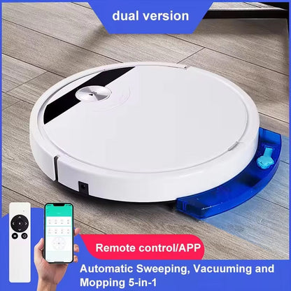 ClinieBot Robot Vacuum on a wooden floor with remote control and app interface displayed.
