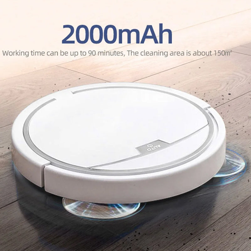 ClinieBot Robot Vacuum on a wooden floor with text about battery capacity and cleaning area.
