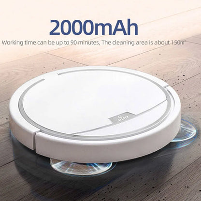 ClinieBot Robot Vacuum on a wooden floor with text about battery capacity and cleaning area.