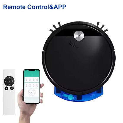 ClinieBot Robot Vacuum with remote control and smartphone app on a white background