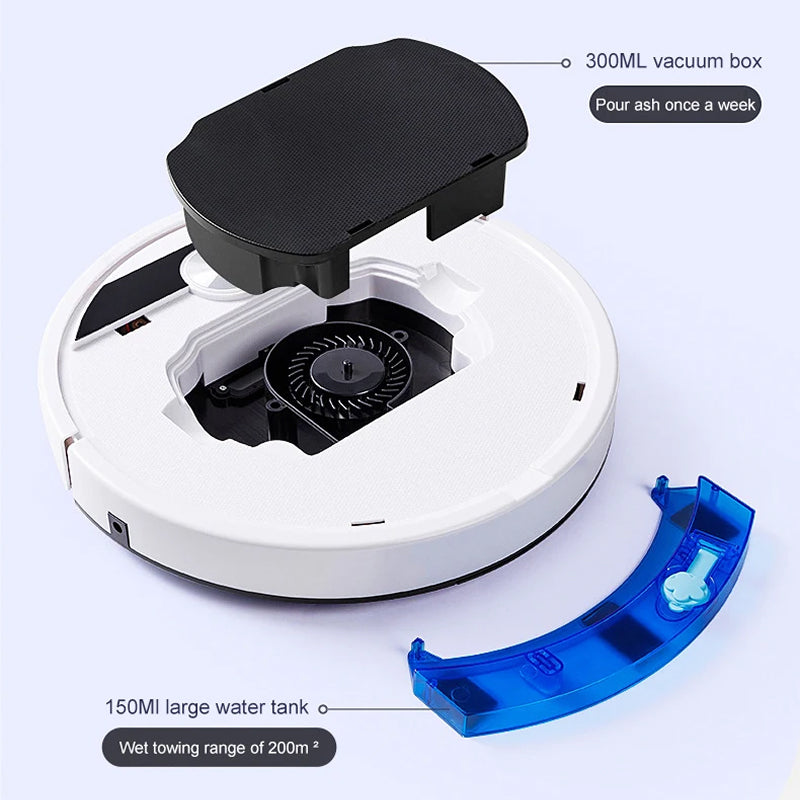 ClinieBot Robot Vacuum with labeled components on a white background