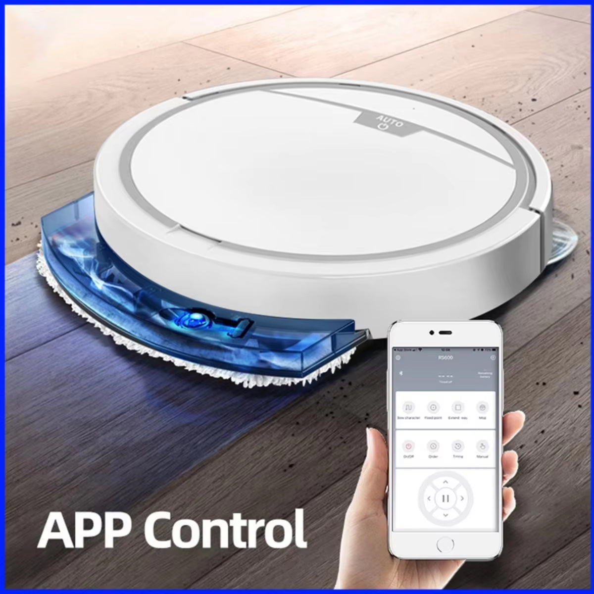 ClinieBot Robot Vacuum on a wooden floor with a smartphone displaying app control.
