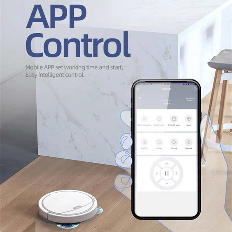 ClinieBot Robot Vacuum with smartphone app control on a wooden floor.