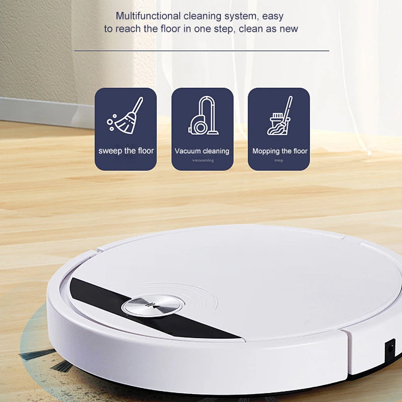 ClinieBot Robot Vacuum cleaner on a wooden floor with cleaning functions displayed.