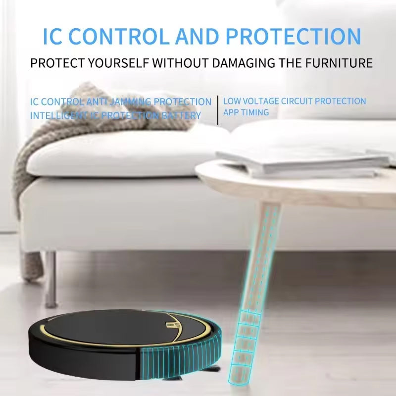 ClinieBot Robot Vacuum cleaner on a floor with text about control and protection features.