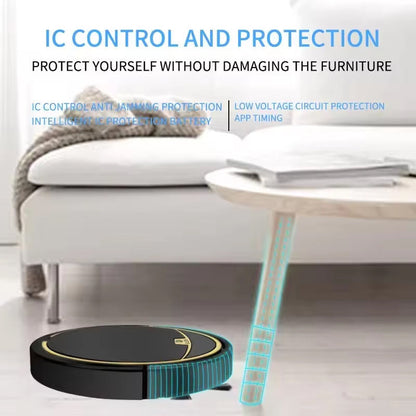 ClinieBot Robot Vacuum cleaner on a floor with text about control and protection features.