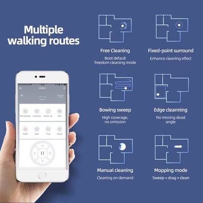Hand holding a smartphone with an app interface displaying cleaning modes on a blue background.
