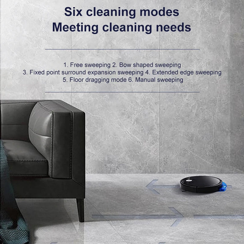 ClinieBot Robot Vacuum on a tiled floor with cleaning modes text overlay