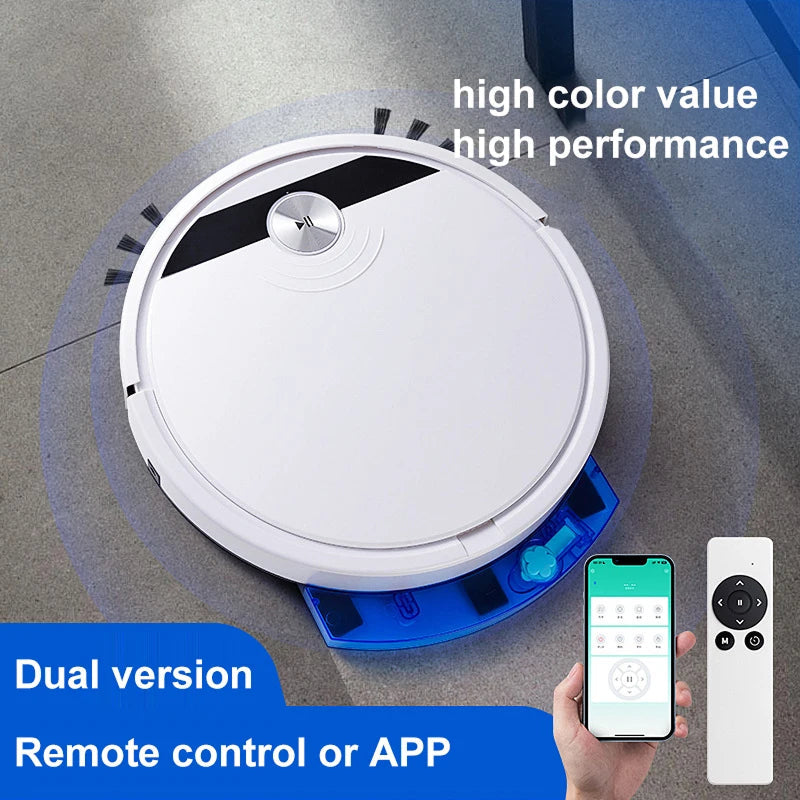 ClinieBot Robot Vacuum on a floor with smartphone app control and remote control options.