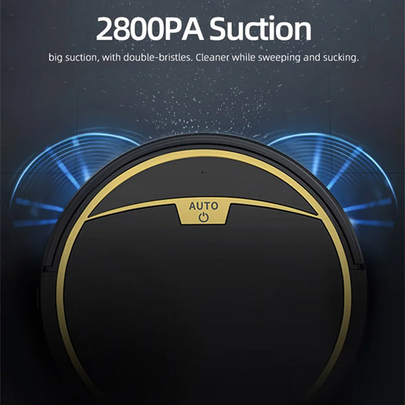 Black ClinieBot Robot Vacuum with gold accents on a dark background, highlighting 2800PA suction.