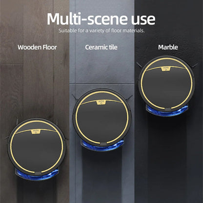 ClinieBot Robot Vacuum demonstrating multi-scene use on wooden, ceramic tile, and marble floors.