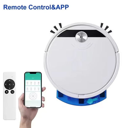 ClinieBot Robot Vacuum with remote control and smartphone app on a white background