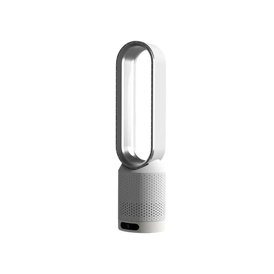 White and silver CoolLyxi Bladeless Fan on a white background
