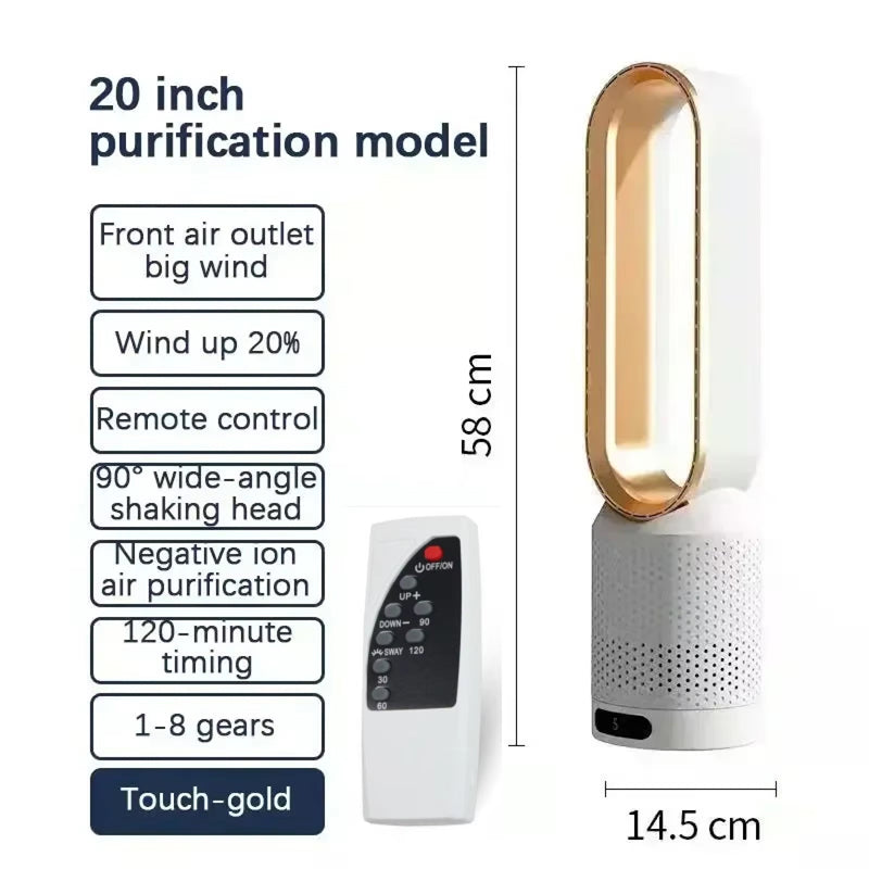 CoolLyxi Bladeless Fan model with remote control and dimensions displayed