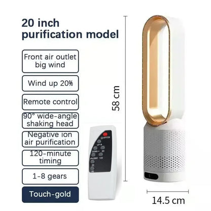 CoolLyxi Bladeless Fan model with remote control and dimensions displayed