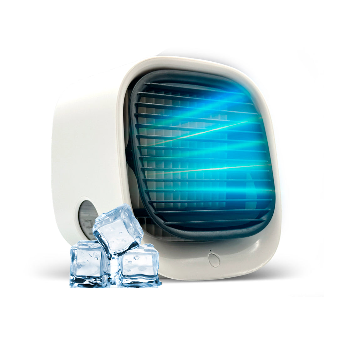 Coolevax Portable Air Conditioner with blue light and ice cubes on a white background