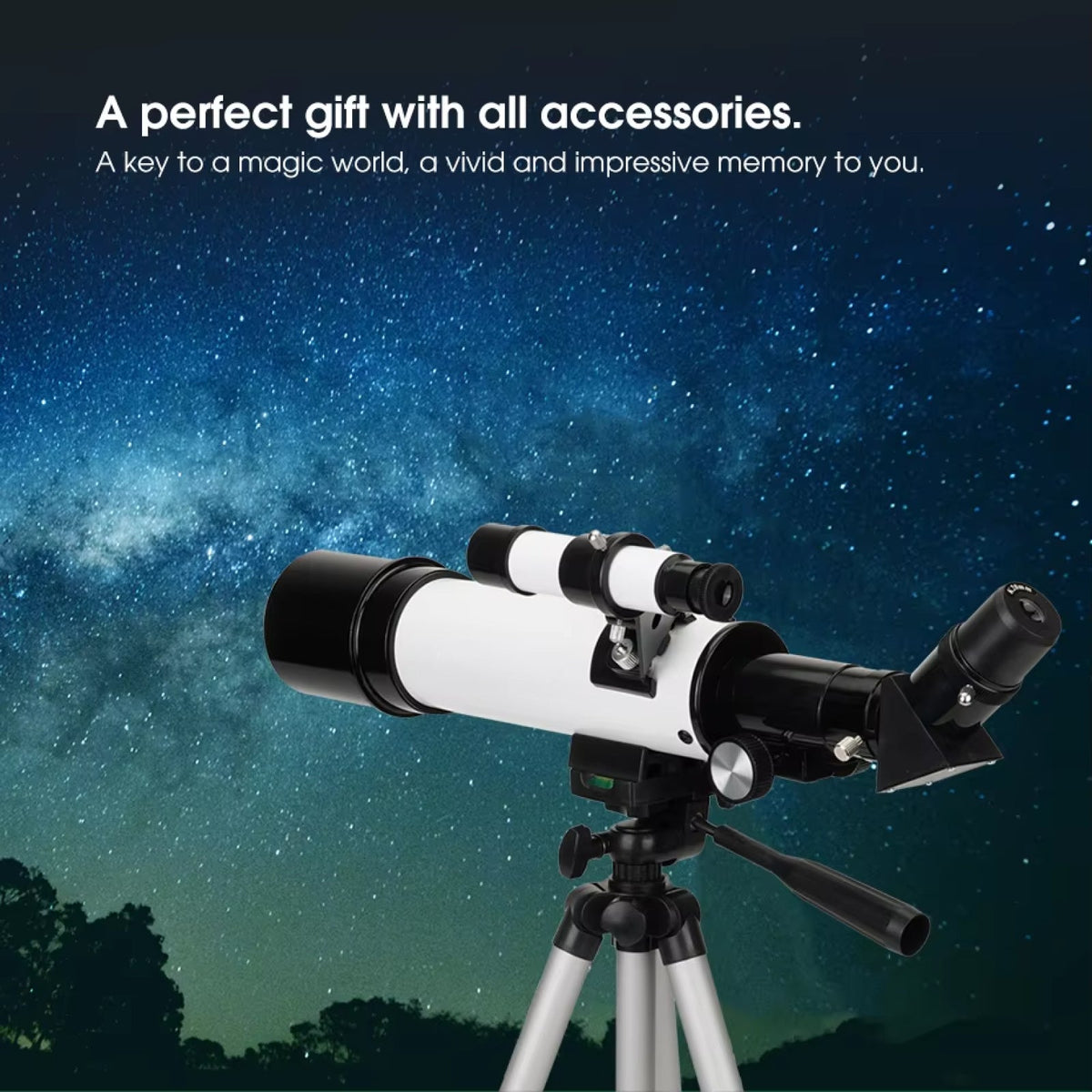 Cosatro V2 Telescope on a tripod with a starry night sky background and text about it being a perfect gift.
