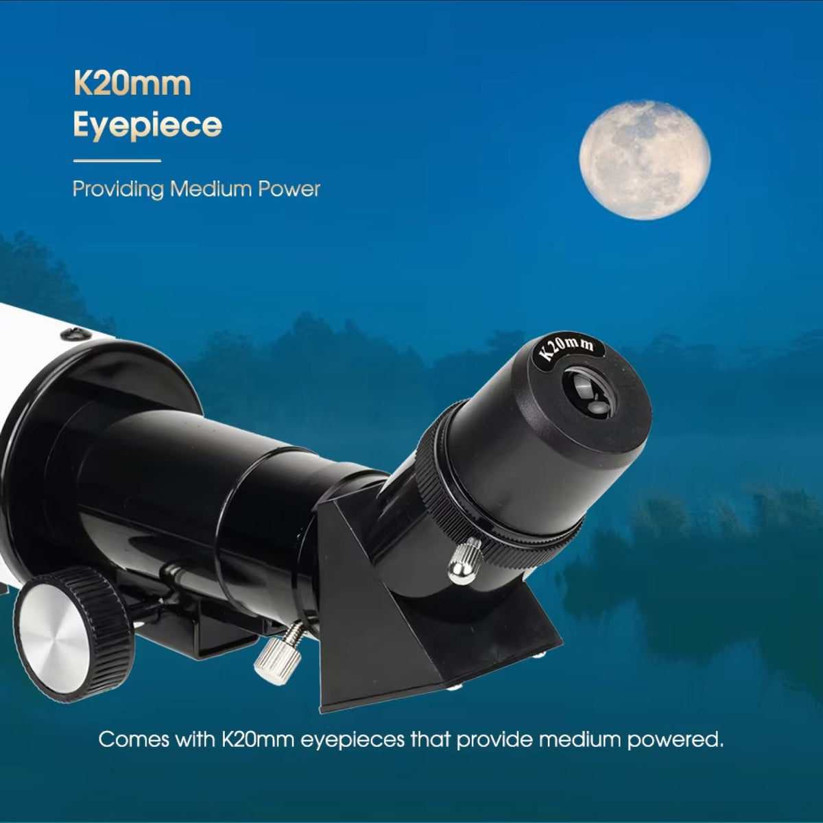 K20mm eyepiece with moon in the background on a blue sky and tree silhouette.