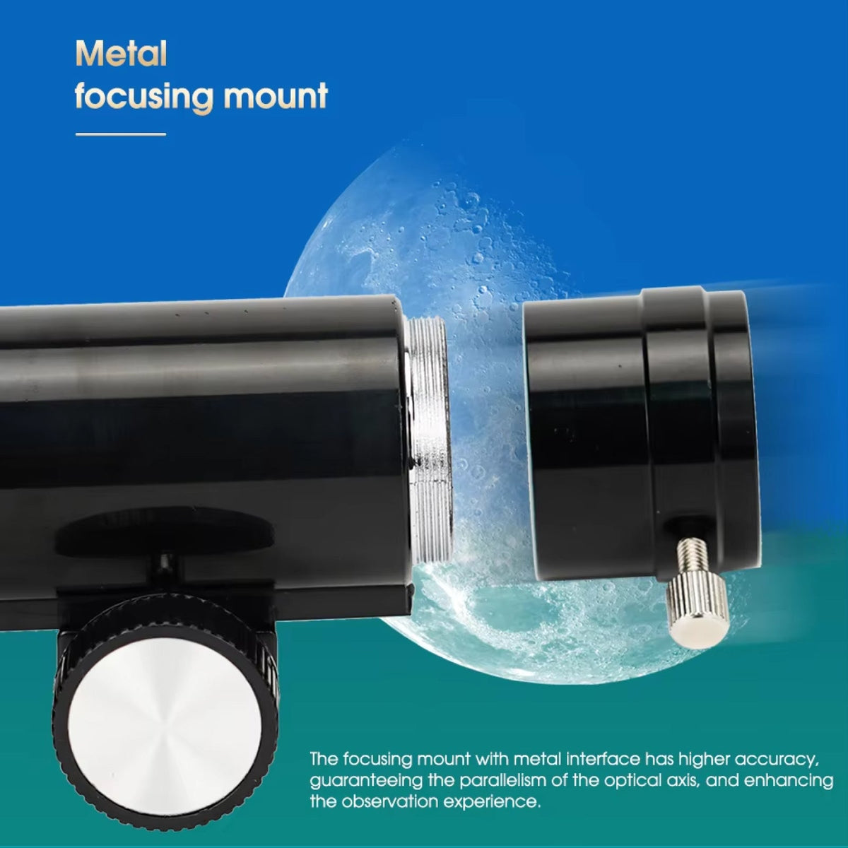 Cosatro V2 Telescope focusing mount with moon in the background on a blue and green gradient background