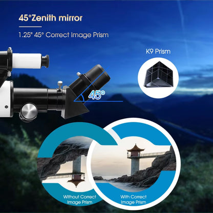 Cosatro V2 Telescope with 45-degree zenith mirror and correct image prism features, showing before and after effects on a scenic background.