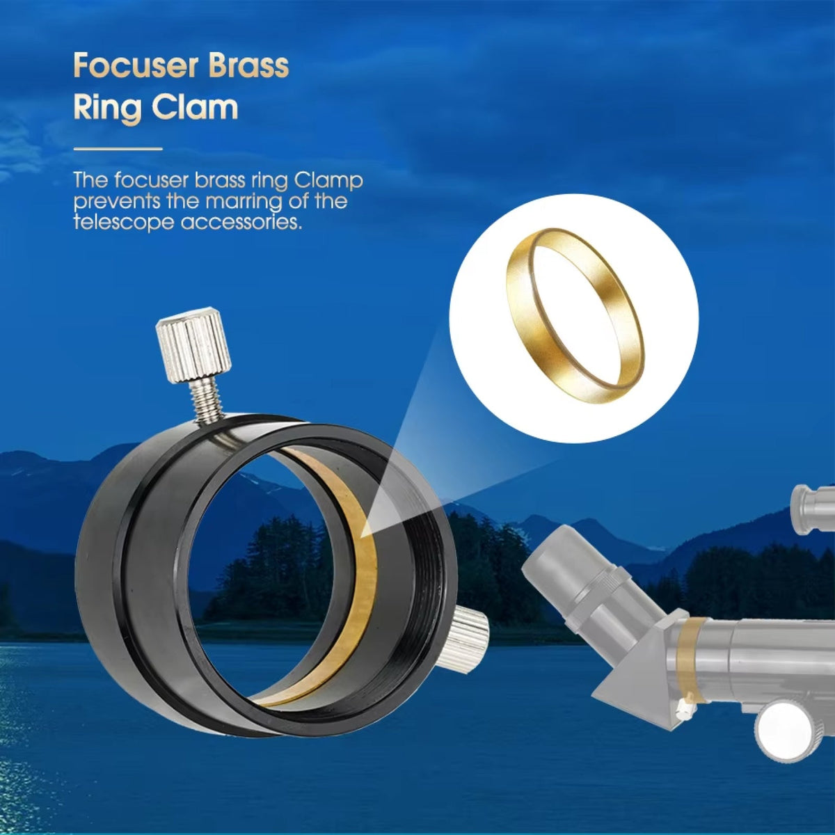 Focuser brass ring clamp with Cosatro V2 Telescope accessory on a scenic background