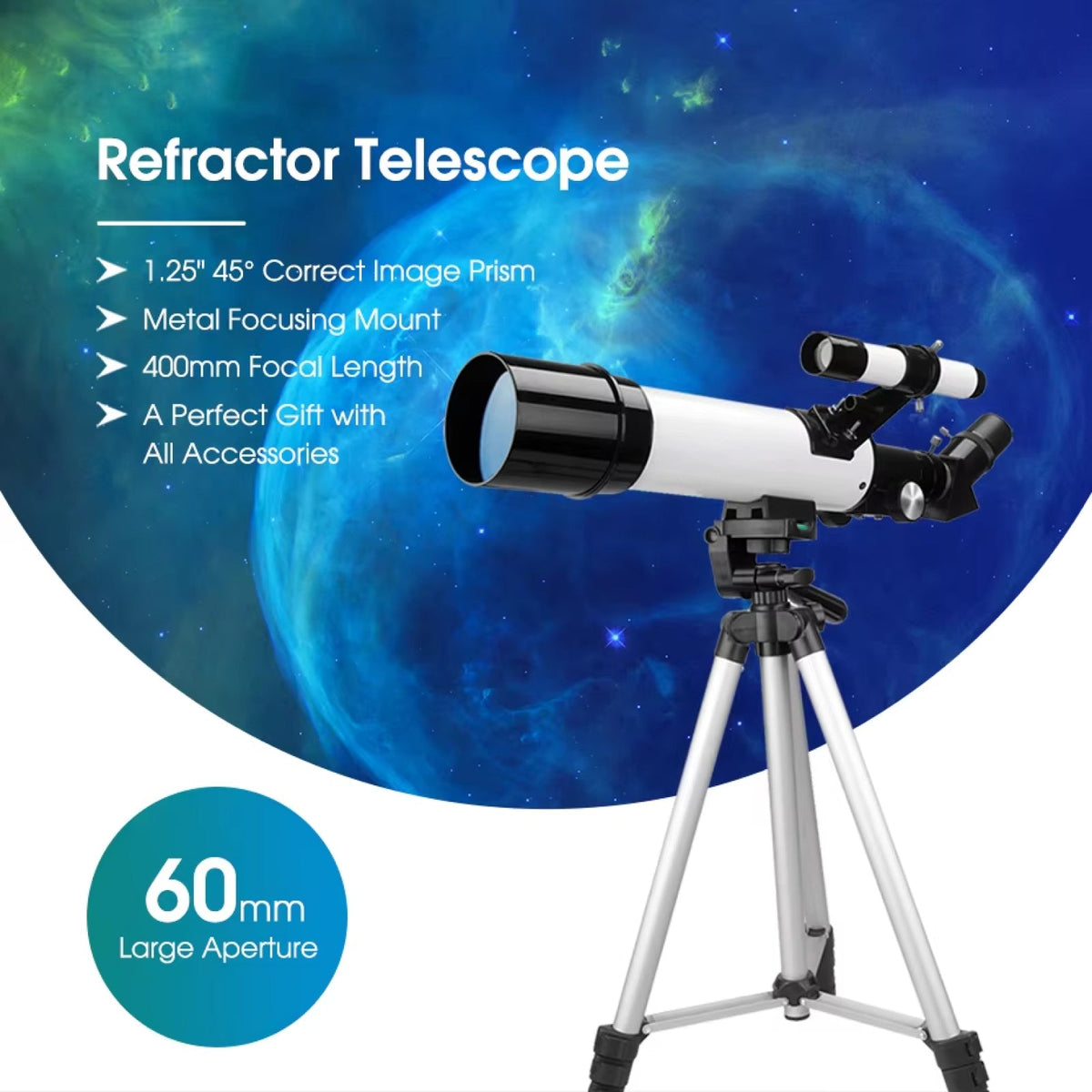 Refractor Cosatro V2 Telescope with specifications on a space-themed background