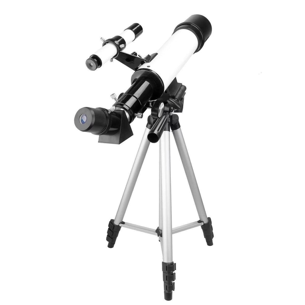 A classic refracting Cosatro V2 Telescope with a white and black barrel, mounted on a silver tripod with black legs, shown against a plain white background.
